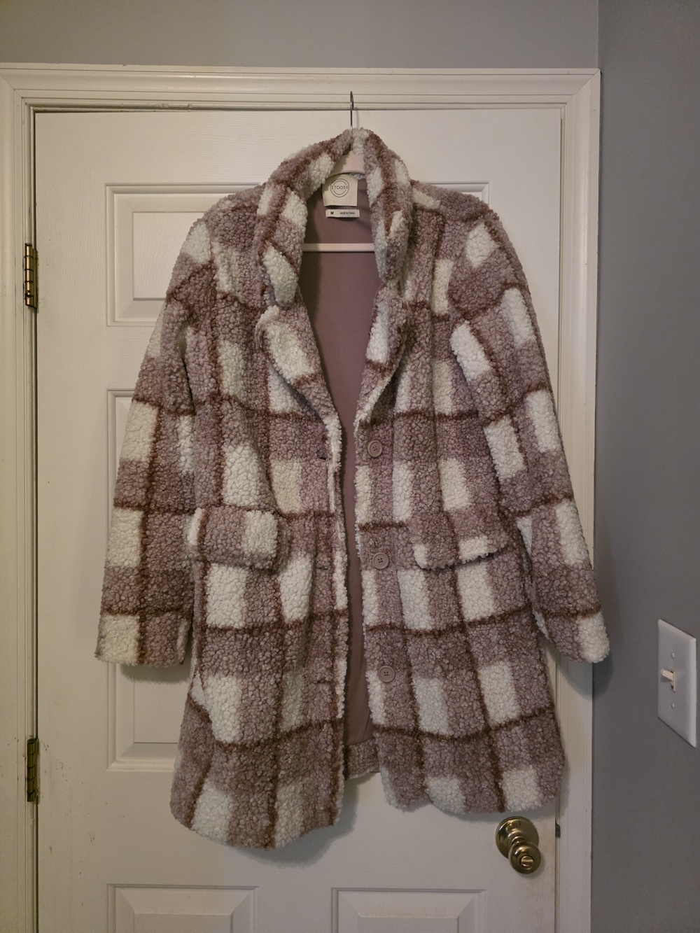 Checked Teddy Coat in Mauve and White - Plush Button-Front Jacket